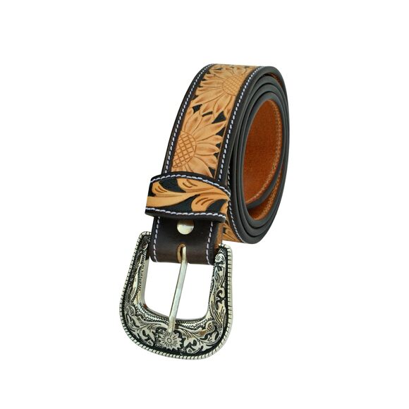9877 Western Belt Sunflower Tooled Hand Finished Heavy Duty Leather